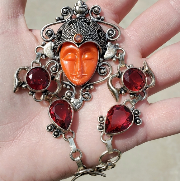 New Carved Goddess Face Multi Gemstone 925 Silver Bracelet. - Picture 10 of 15